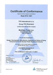 MODŘANY Power získala certifikát KTA 1401 opravňující k dodávkám do jaderné energetiky